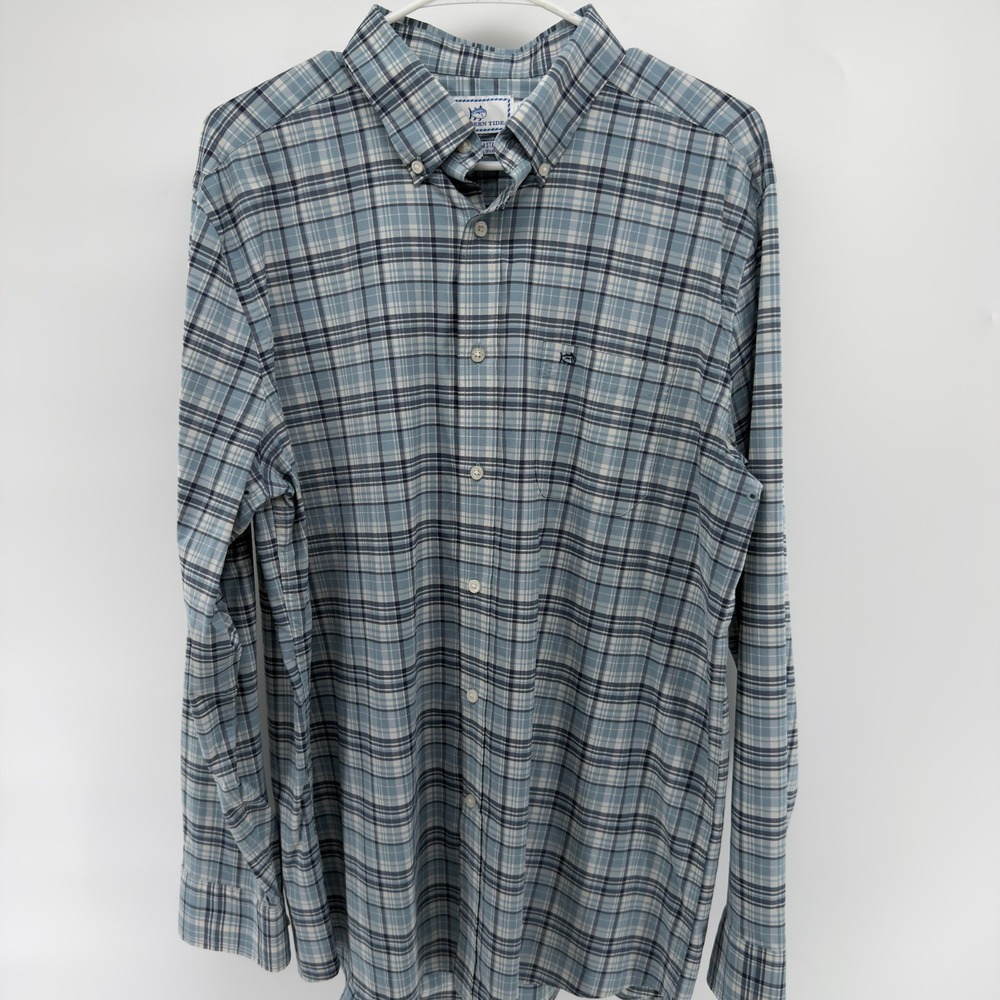 Southern Tide Intercoastal Mens Large Blue Plaid Performance Button Down Shirt - Picture 2 of 5